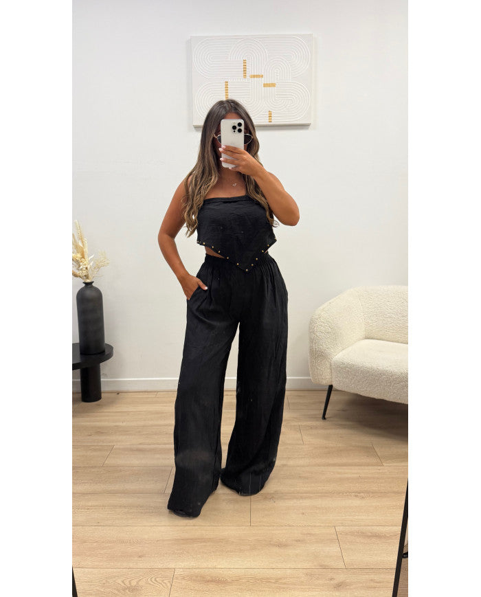Pantalon fluide + foulard clouté Noir